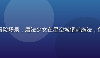 黄油网页游戏奇幻冒险场景，魔法少女在星空城堡前施法，色彩绚丽充满幻想感